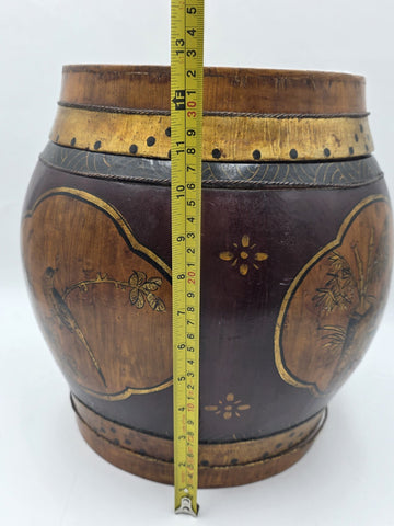 Antique Asian Hand Painted Rice Barrel Wooden Lidded Storage Bucket Bird Pagoda