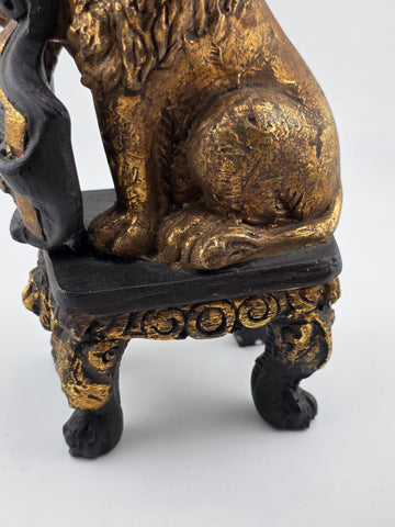 Pair Antique Carved Wood Heraldic Lions Bookends Fleur-de-Lis Shield Gold &Black