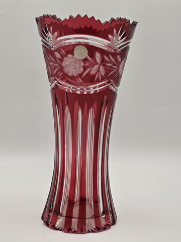Vtg Bohemian Czech Ruby Cut To Clear Crystal Vase, Large and Heavy Crystal Vase