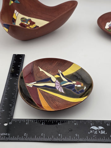 Vtg Keramos Hand Painted Art Pottery Bowl & Plates Lot 7 Mid Century Figurative