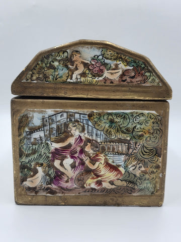 Rare Antique 19th C Large Capodimonte Gilded Porcelain Jewlery Box hand painted.