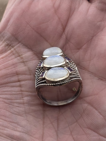 Rare Himalayan Gems 3-Moonstone & Amethyst Multistone Sterling Silver Ring. 9.5