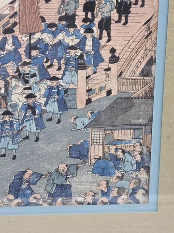 Framed Original 19thC Japanese Woodblock Print Kunisada Tokaido Nihonbashi Scene