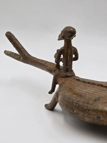 Rare African Senufo Bronze Crocodile with Rider Ritual Oracle Figure Lost Wax