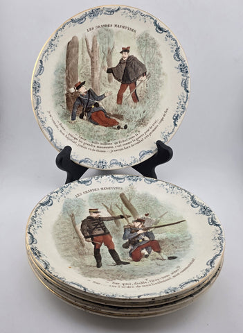Set Of 6 ANTIQUE FRENCH TERRE DE FER PORCELAIN MILITARY PLATES. 7.5 Inch.