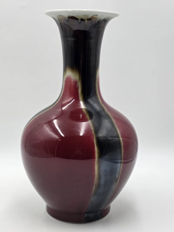 Vtg Chinese Flambe Sang de Boeuf Porcelain Vase Qianlong Mark 14" Oxblood Glaze