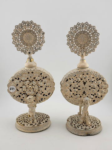 Antique Pair Of White & Gold Tone Metal Glass Hibiscus Filigree Perfume Decanter
