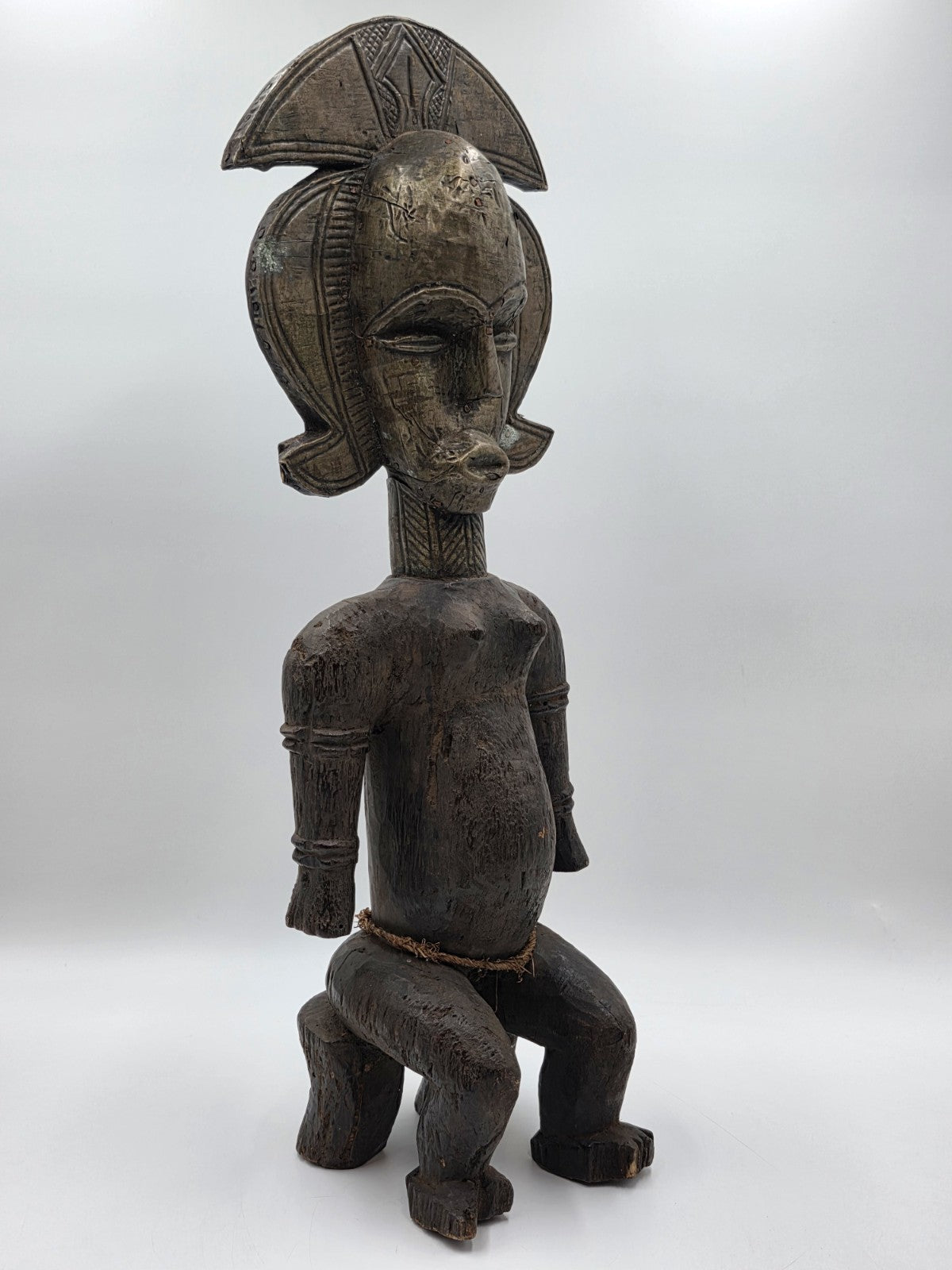 23" Antique Suku Congo Fertility Figure Wood Carving w/ Copper Wrap 1940s