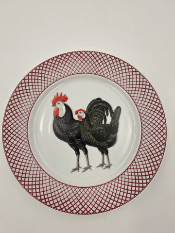Set of 4 Devonshire Haldon Dinner Plates White Black Rooster Hen Red Lattice.