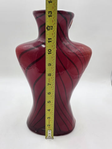 Vintage Murano Style Large Glass Vase Woman's Torso Red & Black W/ White Casing