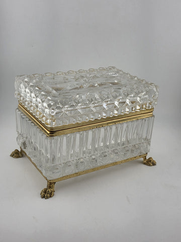 French Baccarat Style Jewelry Casket Footed Box Heavy Crystal Glass Hinged Lid