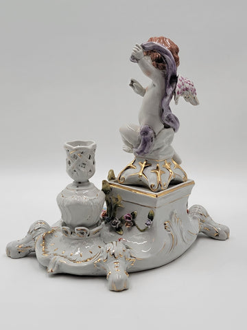 Rare Antique 19th C Porcelain Candle Holder Stand W Cherub & Flowers. Stamped.