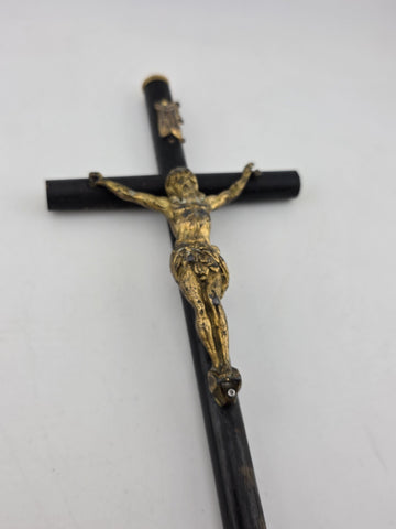 Rare Antique 19th C Crucifix Metal Jesus On Wood Cross W Rare Tips Memento.