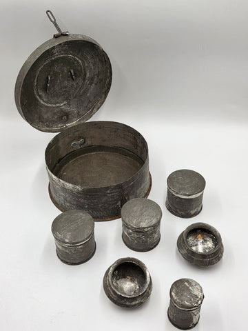 1800s Antique Toleware Apothecary/ Medicine Mixing Box, W Canisters in Round Tin