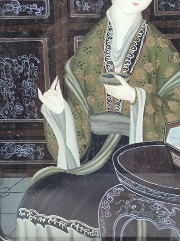 Antique Chinese Reverse Painted Glass Court Lady Portrait Hardwood Frame 14"