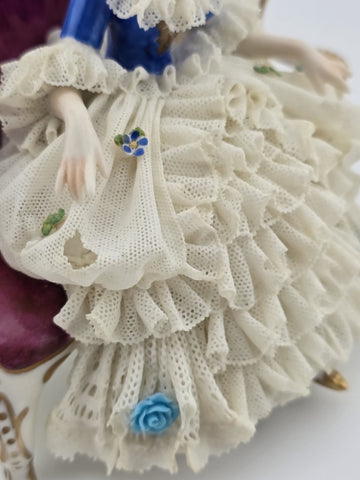 Vintage Sitzendorf Germany Lace Porcelain Lady Figurine Sofa Crown Mark. Read.