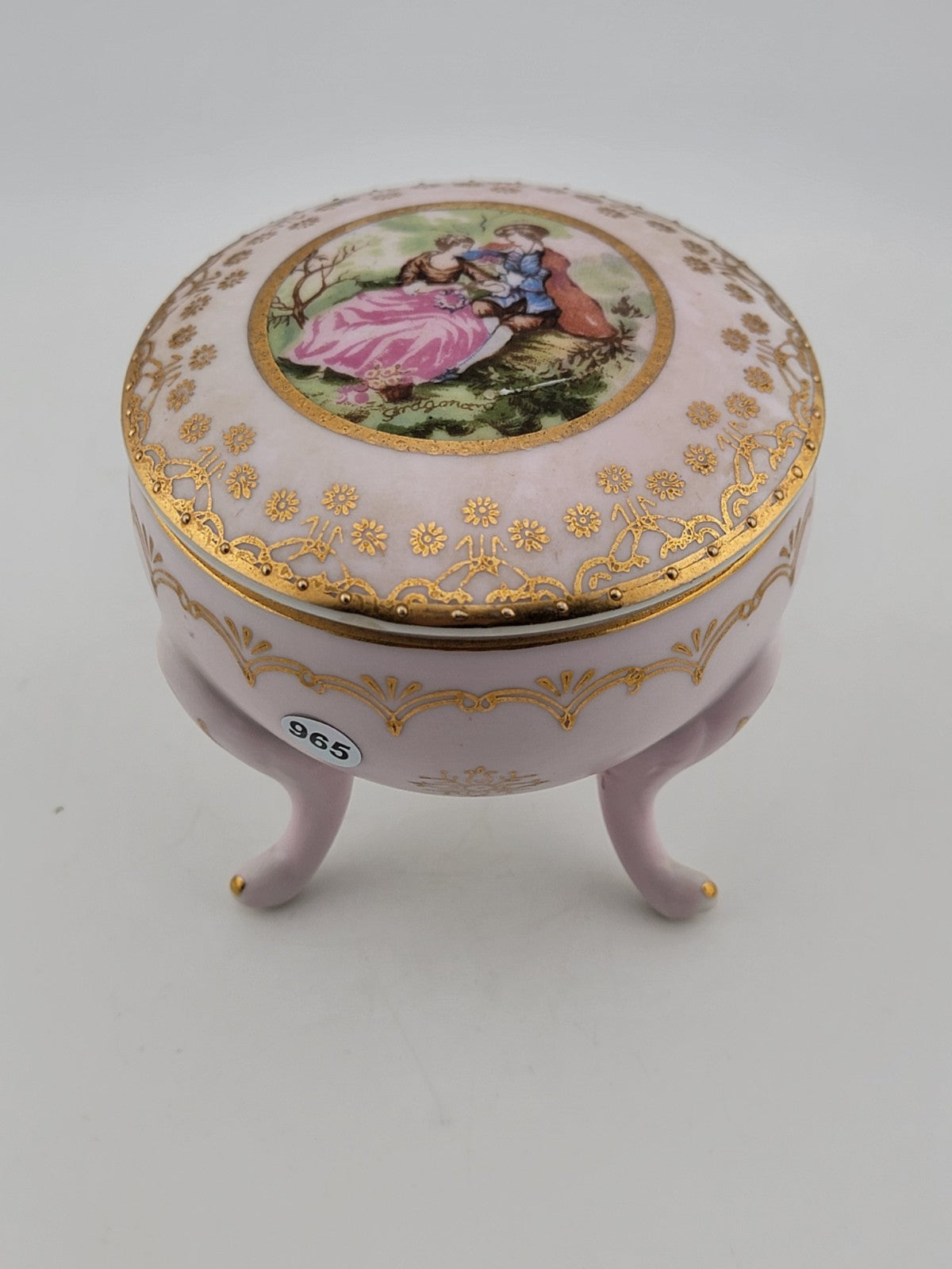 Antique Porcelain Victorian Love Scene 3 Footed Trinket Box w/ Cross Arrow Mark