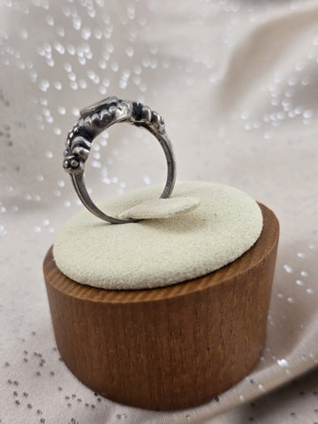 Antique 925 Sterling Silver Oval Clear Stone Floral Oxidized Artisan Ring Sz 8