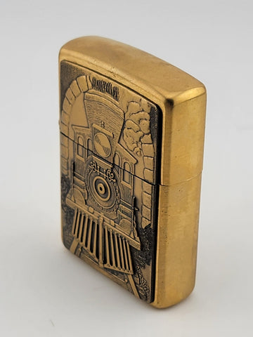 UNFIRED 1995 SOLID BRASS ZIPPO WIND PROOF LIGHTER GREAT AMERICAN TRAIN W BOX