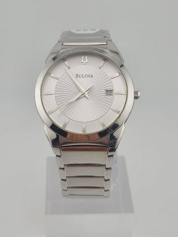 Bulova Mens Watch 96B015 Quartz Silver Dial Date Stainless Steel 38mm. New Batt.