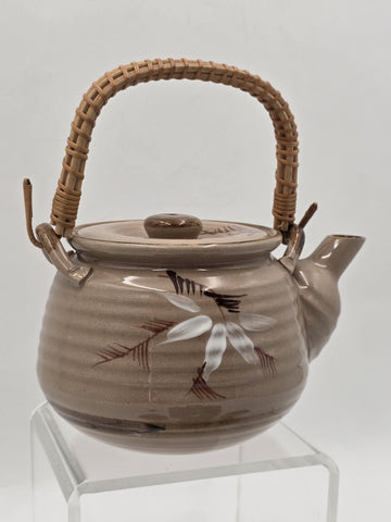 Vintage Japanese Ceramic Tea Set Bamboo Motif Teapot & 6 Cups Stoneware. VG Cond