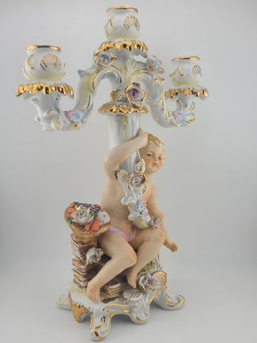 Early 20th C Italian OM Porcelain Cherub Figural 3-Light Candelabra Rococo Style