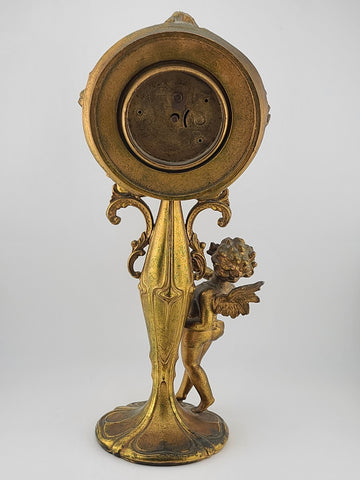 Antique 19th C Art Nouveau Figural Cherub Clock Gilt Spelter French Runs. Read.