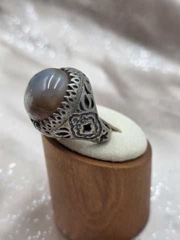 Antique Persian Islamic Silver Agate Men's Ring Ornate Middle Eastern Size 9