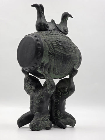 Antique Old China Bronze Ware Dynasty Dragon Head Kneel People Drum Statue 15 in