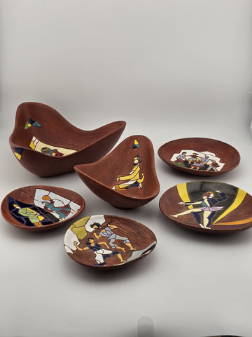 Vtg Keramos Hand Painted Art Pottery Bowl & Plates Lot 7 Mid Century Figurative