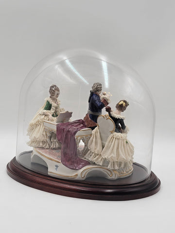 Antique 19th C Victorian Dersden Germany Laced Figurine Music Trio In Glass Dome