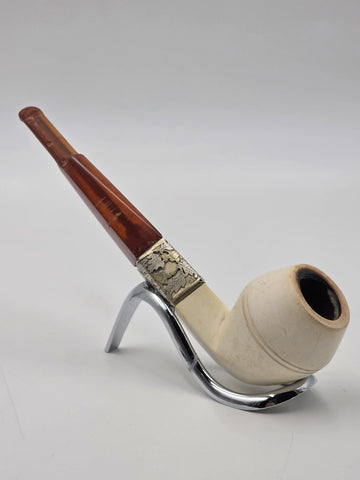 Antique Meerschaum Tobacco Pipe Sterling Silver Mount Cognac Amber Stem c.1890