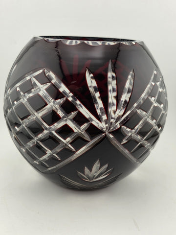 XL AJKA ODESSA CAROLINE  Cranberry Cut Clear Hungarian Crystal Rose Bowl