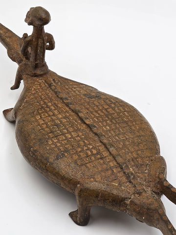 Rare African Senufo Bronze Crocodile with Rider Ritual Oracle Figure Lost Wax