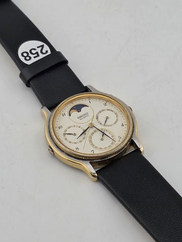 Vtg Seiko Chronograph Moon Phase White Dial Watch – 7F39-6029. Japan 1989 Works