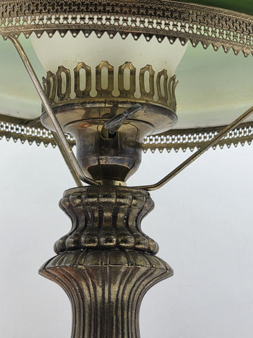 Antique Victorian Style Hurricane Lamp Electric Floral Shade Ornate Brass Base