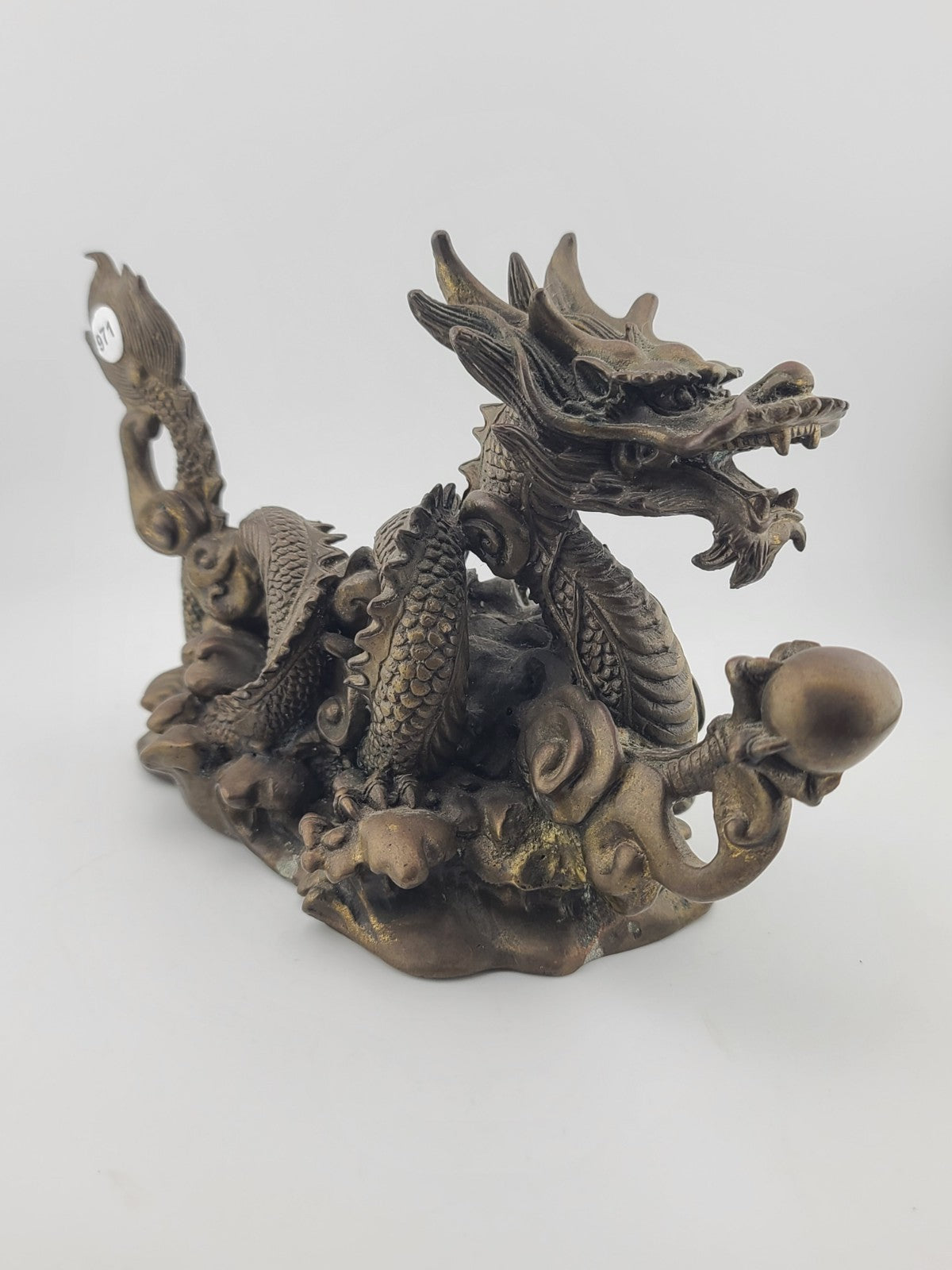 Antique Japan Solid Bronze 8.5" Intricate & Detailed Coiled Dragon w Pearl