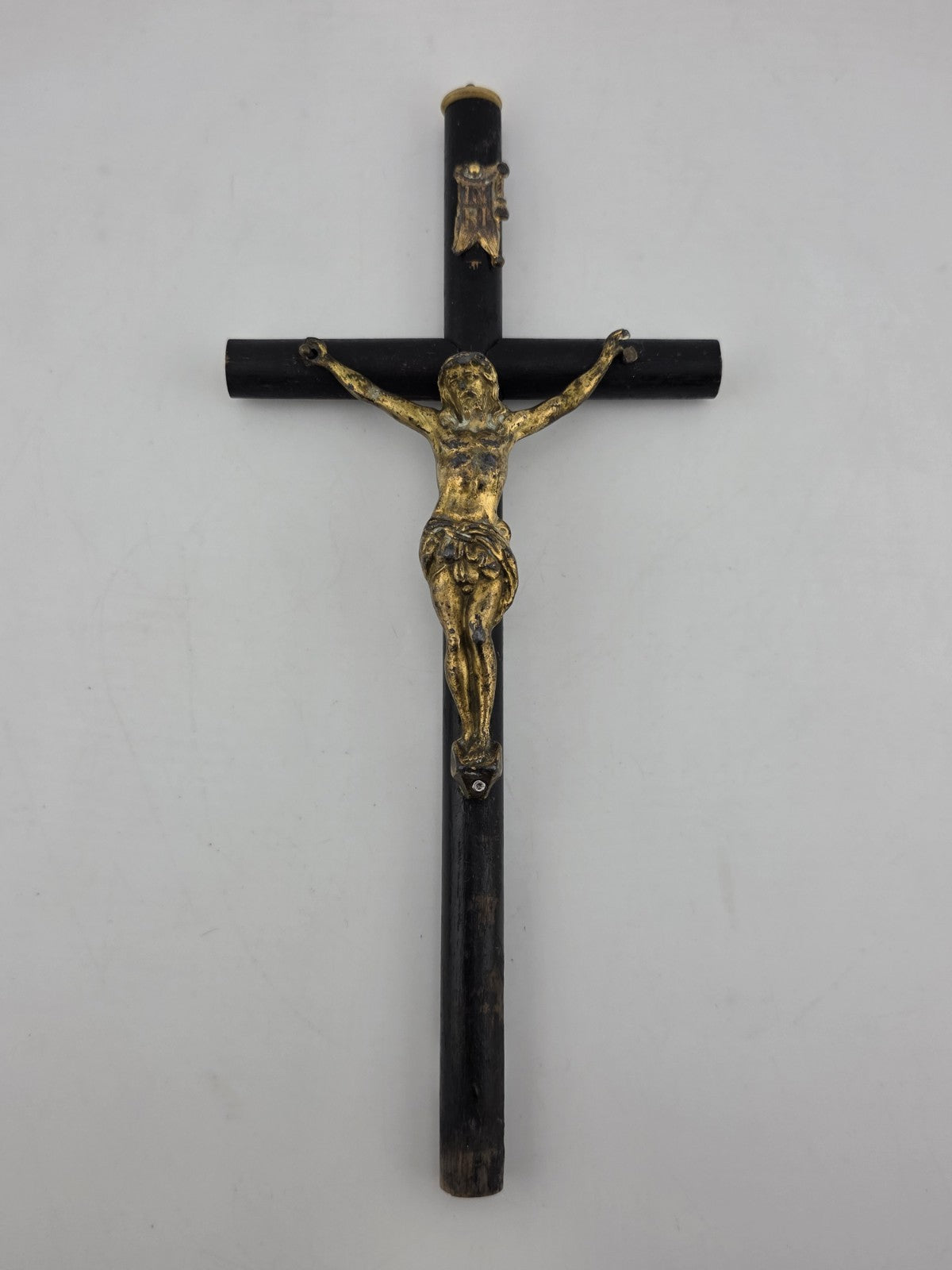 Rare Antique 19th C Crucifix Metal Jesus On Wood Cross W Rare Tips Memento.
