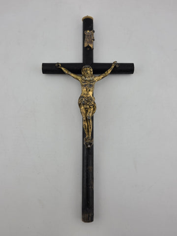 Rare Antique 19th C Crucifix Metal Jesus On Wood Cross W Rare Tips Memento.