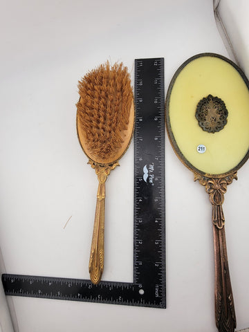 ANTIQUE 19th C Victorian 2-PIECE HANDHELD BRASS MIRROR & BRUSH SET Yellow Enamel