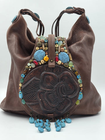 Vintage Cole Haan G Series Brown Leather Native American Style Large Hobo Bag