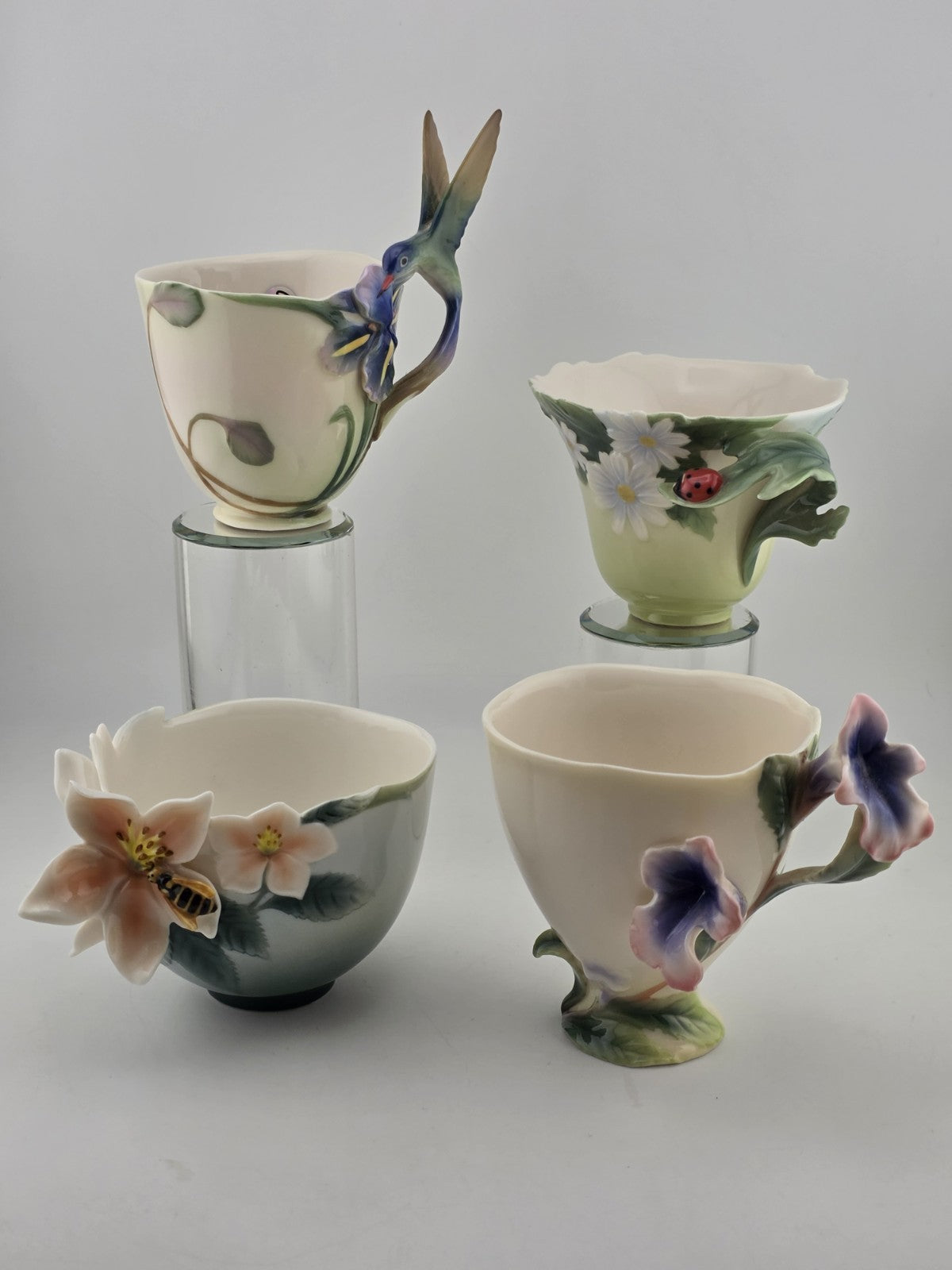 Set Of 4 FRANZ Porcelain Teacup Sculptural Floral Art Cups Hummingbird Ladybug