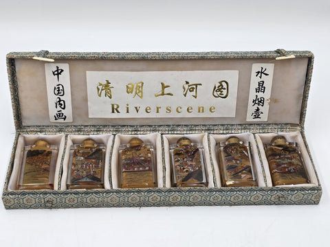 RARE RIVERSCENE CHINESE ASIAN PAINTED SET OF 6 SNUFF BOTTLES IN PRESENTATION BOX