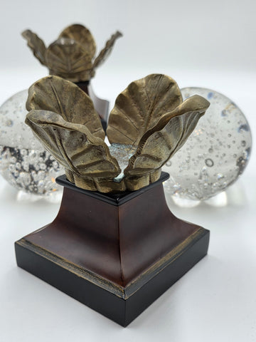 Rare Pair Of Antique Massive 6" Crystal Ball On Brass Leaves Bookends / Decor.