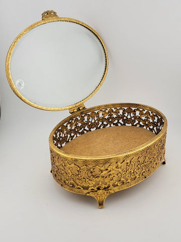 Vintage 1950s Hollywood Regency Ormolu Jewelry Casket Beveled Glass Filigree Box