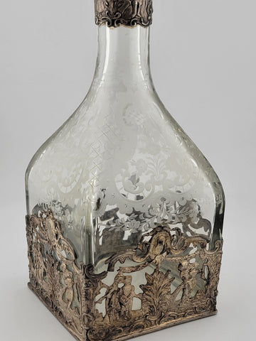 Rare 19th C German Hanau 800 Silver & Etched Crystal Stork & Sinsheimer Decanter