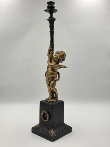 Rare Antique Brass Gilt Cherub Figural Candlestick Empire Revival 23 in Tall.