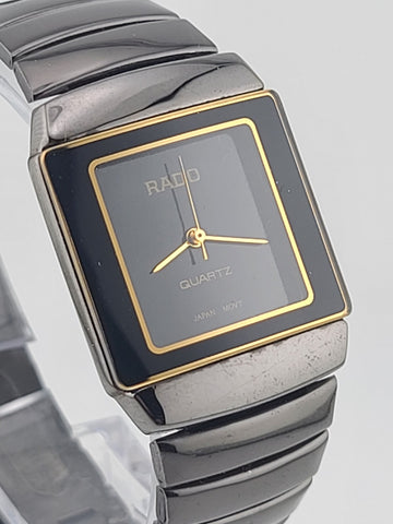 Vintage Rado Rectangular Quartz Watch Black Dial Gold Trim Swiss Design. Works.