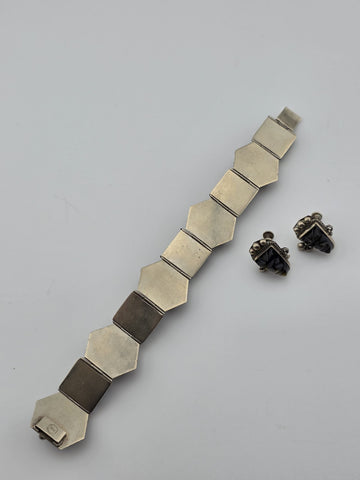 VINTAGE Mexican TAXCO STERLING SILVER 925 BRACELET & Earrings Obsidian Tribal.