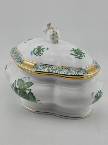 Vintage Collectible Herend Chinese Bouquet Green Cov Bonbon W/Bunny. Read.